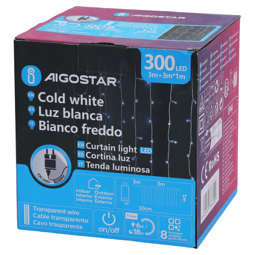 Aigostar - Guirnalda LED para exterior 300xLED/8 funciones 3x1m IP44 blanco frío + mando a distancia