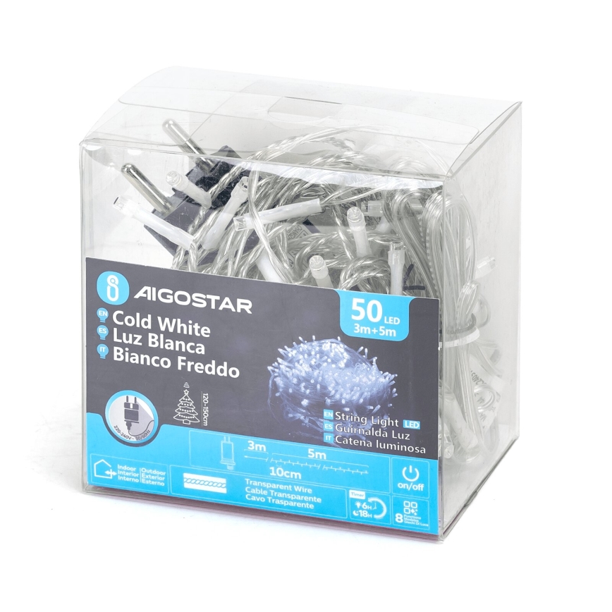 Aigostar - Cadena de luces navideñas LED para exterior, 50 LEDs / 8 funciones, 8 m, IP44, blanco frío