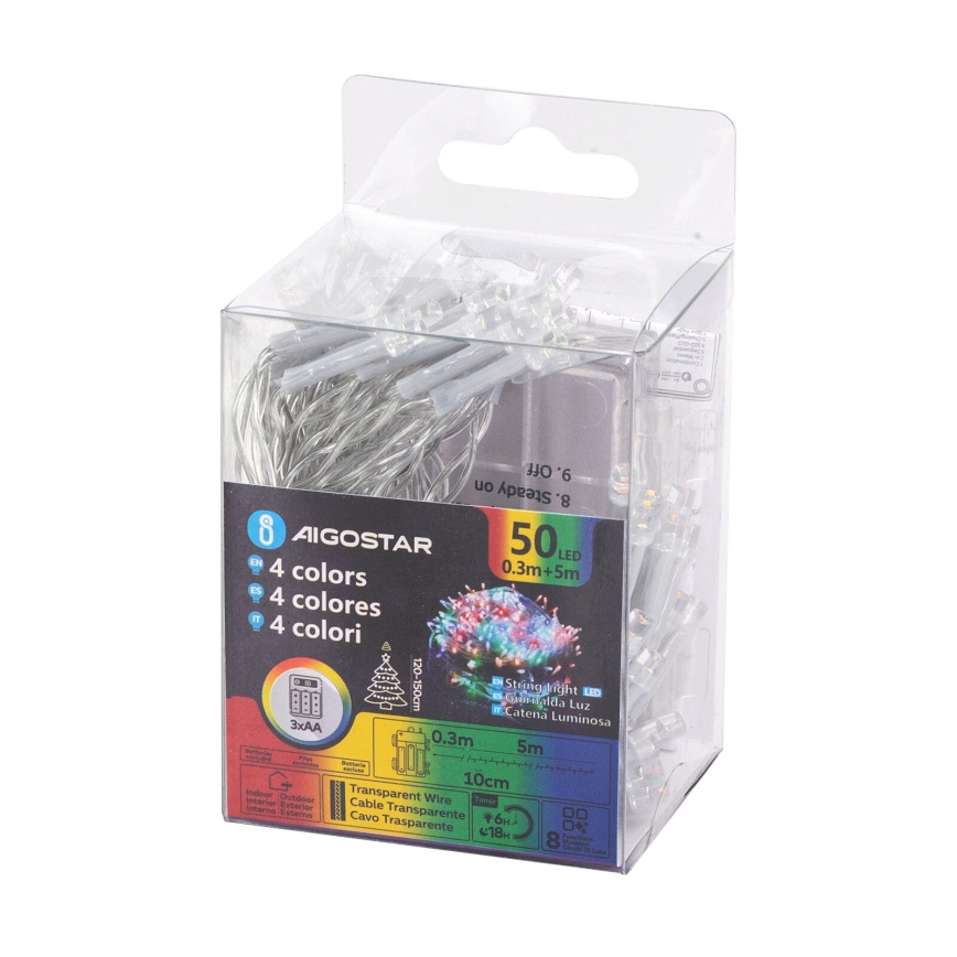 Aigostar - Cadena de luces navideñas LED para exterior 50xLED/8 funciones 3xAA 5,3m IP44 multicolor