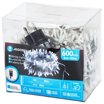 Aigostar - Cadena de luces navideñas LED para exterior 600xLED/8 funciones 33m IP44 blanco frío
