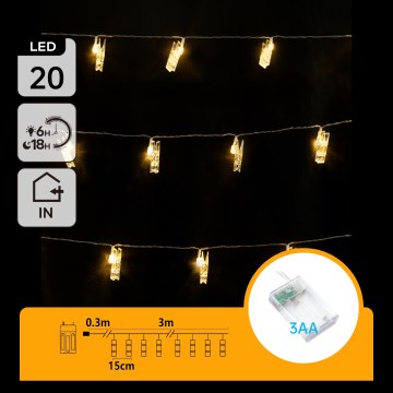 Aigostar - Cadena decorativa LED con pinzas 20xLED/3xAA 3,3m blanco cálido