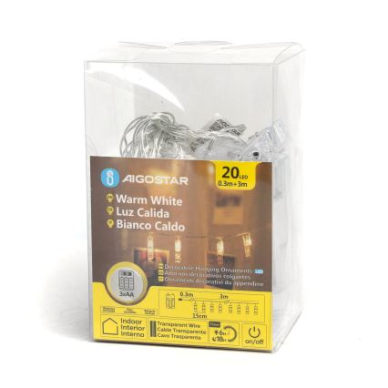 Aigostar - Cadena decorativa LED con pinzas 20xLED/3xAA 3,3m blanco cálido