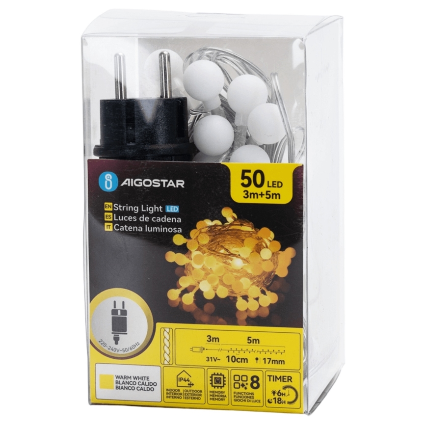 Aigostar - Guirnalda de luces LED decorativa para exterior 50 LEDs/8 funciones 5 m IP44 blanco cálido