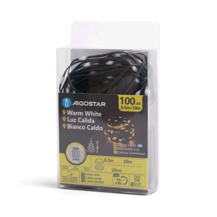 Aigostar - Guirnalda LED exterior navideña 100xLED/8 funciones 3xAA 10,3m IP44 blanco cálido
