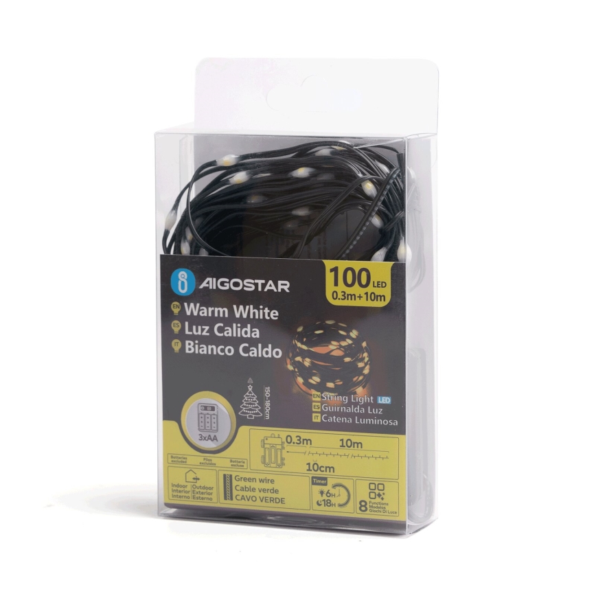 Aigostar - Guirnalda LED exterior navideña 100xLED/8 funciones 3xAA 10,3m IP44 blanco cálido