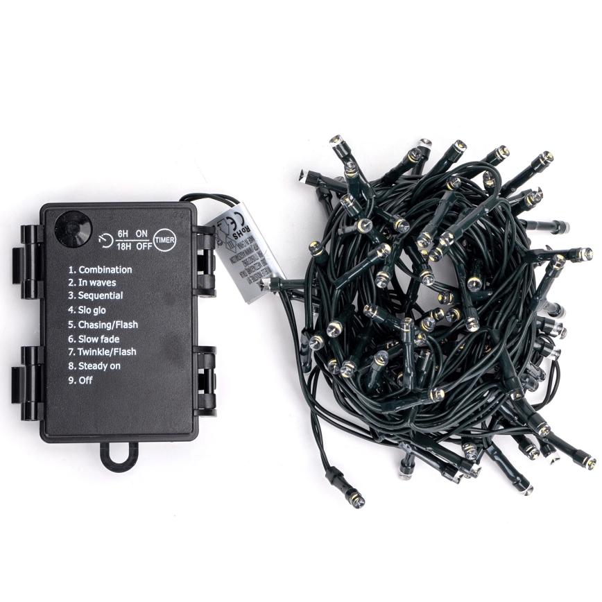 Aigostar - Cadena de luces LED para exterior, 100 LEDs, 8 funciones, 3 pilas AA, 5,3 m, IP44, blanco frío