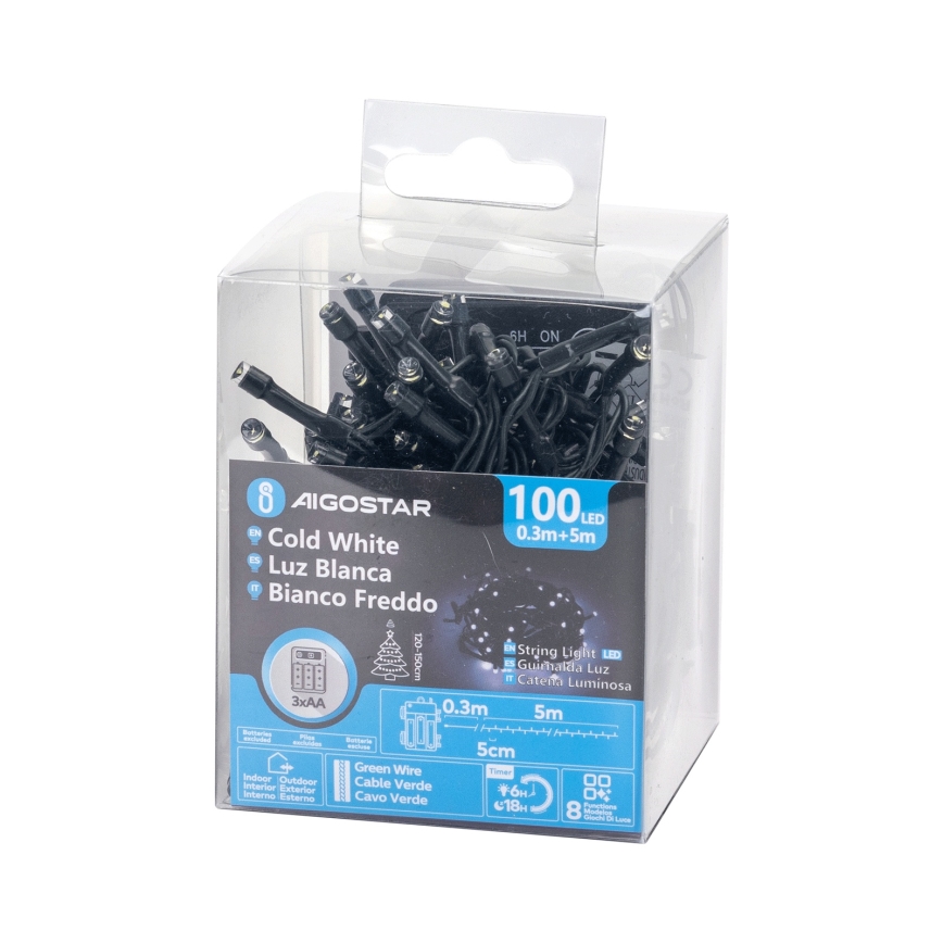Aigostar - Cadena de luces LED para exterior, 100 LEDs, 8 funciones, 3 pilas AA, 5,3 m, IP44, blanco frío