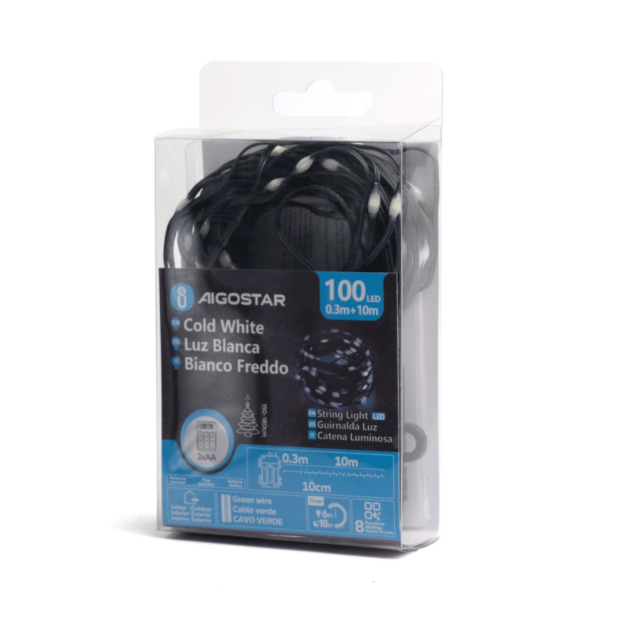 Aigostar - Cadena LED navideña exterior 100xLED/8 funciones/3xAA 10,3m IP44 blanco frío