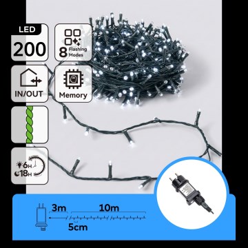 Aigostar - Cadena LED navideña exterior 200xLED/8 funciones 13m IP44 blanco frío