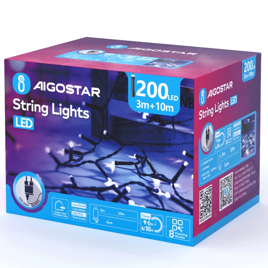 Aigostar - Cadena LED navideña exterior 200xLED/8 funciones 13m IP44 blanco frío