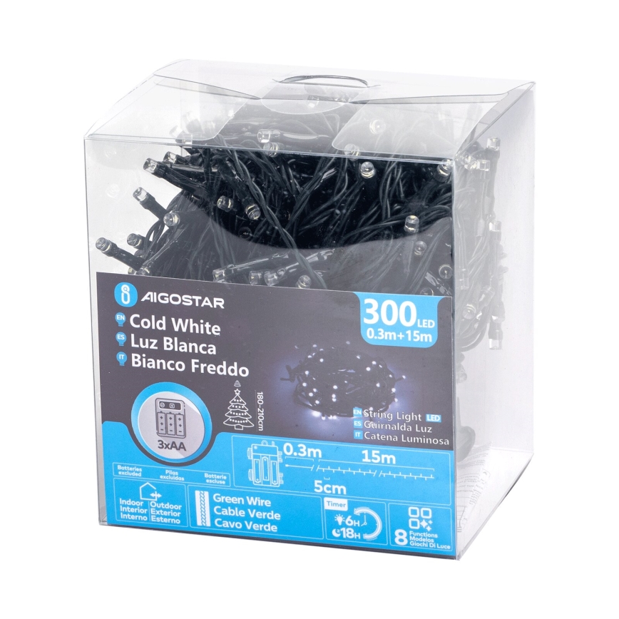 Aigostar - Cadena LED navideña exterior 300xLED/8 funciones 15,3m IP44 blanco frío