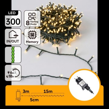 Aigostar - Cadena LED navideña exterior 300xLED/8 funciones 18m IP44 blanco cálido