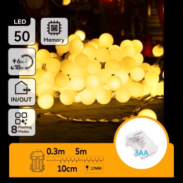 Aigostar - Cadena LED navideña exterior 50xLED/3xAA/8 funciones 5,3 m IP44 blanco cálido