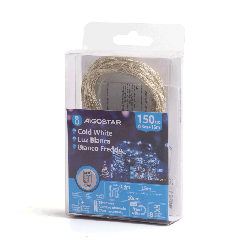 Aigostar - Cadena de luces LED para exterior 150 LEDs/8 funciones/3xAA 15,3 m IP44 blanco frío