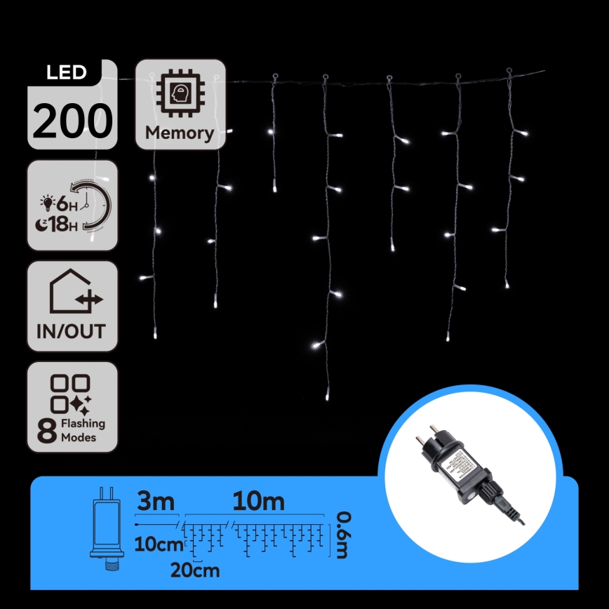 Aigostar - Cadena LED para exterior 200xLED/8 funciones 13x0,6m IP44 blanco frío
