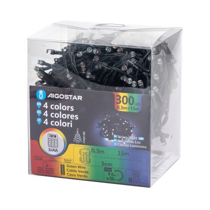 Aigostar - Cadena LED para exterior 300 LEDs / 8 modos, 3x AA, 15,3 m, IP44, multicolor