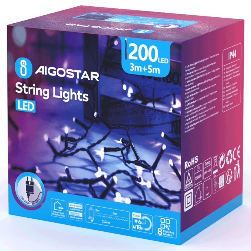 Aigostar - Cadena navideña de luces LED para exterior 200xLED/8 funciones 8m IP44 blanco frío