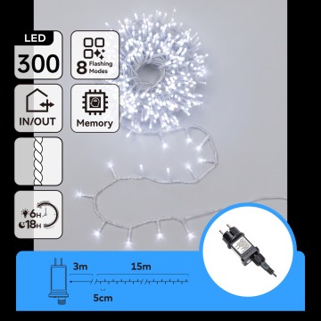 Aigostar - Cadena navideña de luces LED para exterior 300xLED/8 funciones 18m IP44 blanco frío
