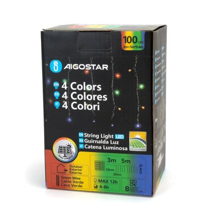 Aigostar - Guirnalda navideña solar LED, 100 LEDs / 8 funciones, 8 x 0,4 m, IP65, multicolor, 1200 mAh