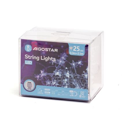 Aigostar - Guirnalda LED exterior 25 LEDs/8 funciones 3xAA 2,5 m IP44 blanco frío