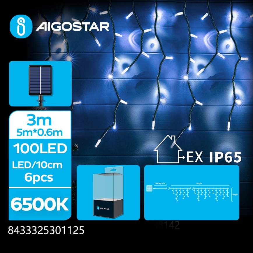 Aigostar - Guirnalda navideña solar LED 100xLED/8 funciones 8x0,6m 500 mAh IP65 blanco frío
