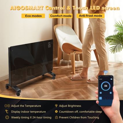 Aigostar - Calefactor/convector eléctrico inteligente con pantalla LCD ECO/1000/2000W Wi‑Fi