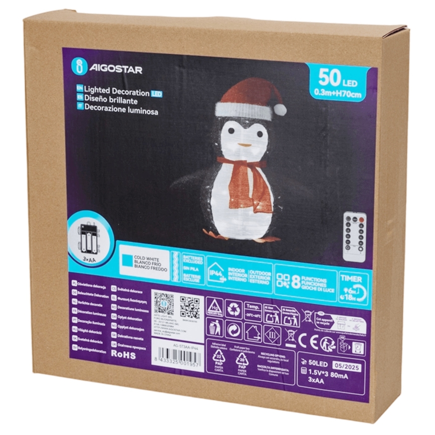 Aigostar - Decoración navideña LED para exterior 50xLED/3xAA IP44 pingüino