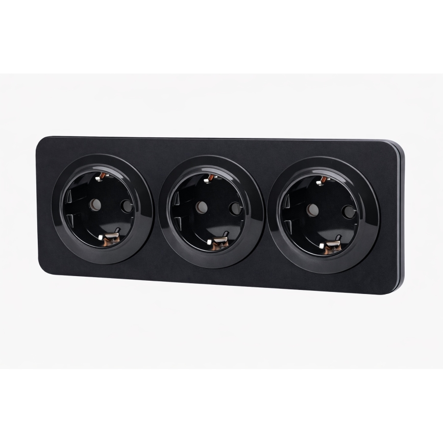 Aigostar - Enchufe empotrado triple SCHUKO con marco, 250 V/16 A, negro