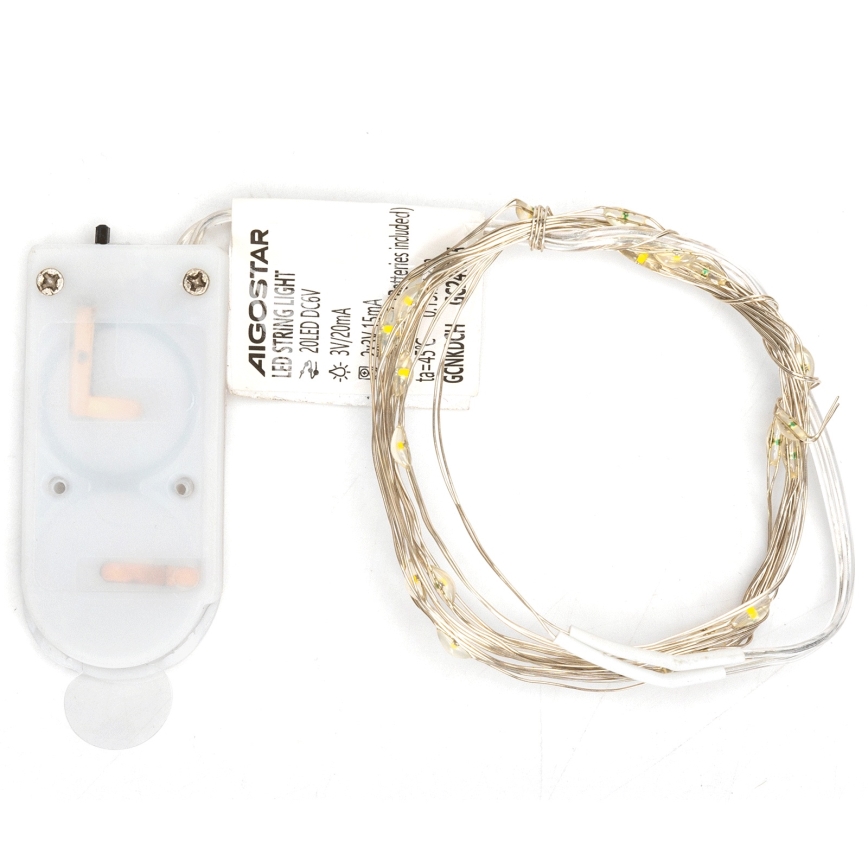 Aigostar - Guirnalda de luces LED 20 LEDs, 2x3V, 2 m, blanco cálido