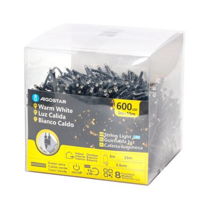 Aigostar - Guirnalda de luces LED para exterior 600 LEDs/8 funciones, 18 m, IP44, blanco cálido