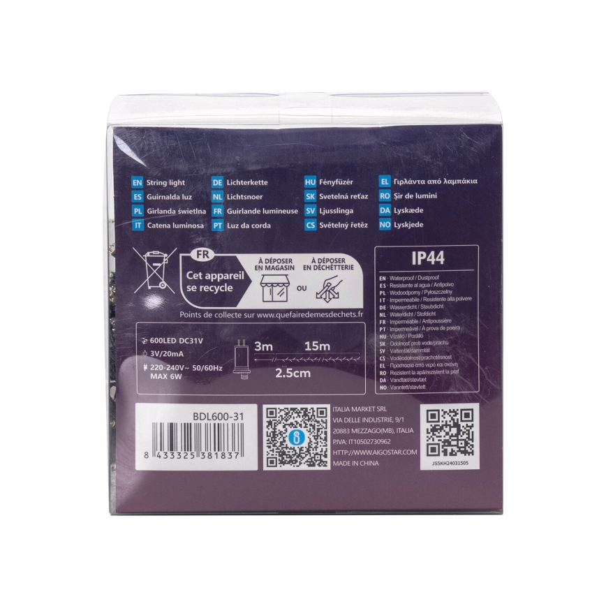 Aigostar - Guirnalda de luces LED para exterior 600 LEDs/8 funciones, 18 m, IP44, blanco cálido
