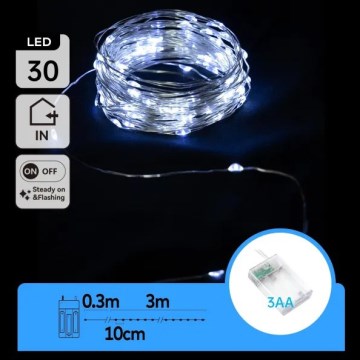 Aigostar - Guirnalda de luces LED para Navidad 30xLED/3xAA 3,3 m blanco frío