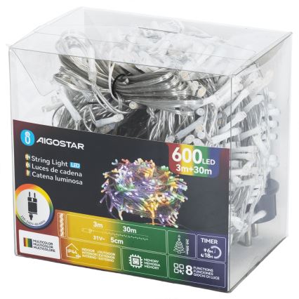 Aigostar - Guirnalda LED para exterior, 600 LEDs, 8 modos, 30 m, IP44, multicolor