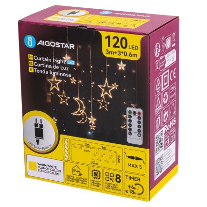 Aigostar - Guirnalda LED exterior 120 LEDs/6W/230V/8 funciones 3x0,6 m IP44 blanco cálido + mando a distancia