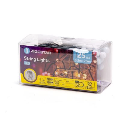 Aigostar - Guirnalda de Navidad LED para exterior, 25 LEDs, 8 modos, alimentada por 3 pilas AA, 2,8 m, IP44, blanco cálido