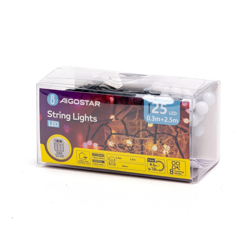 Aigostar - Guirnalda de Navidad LED para exterior, 25 LEDs, 8 modos, alimentada por 3 pilas AA, 2,8 m, IP44, blanco cálido