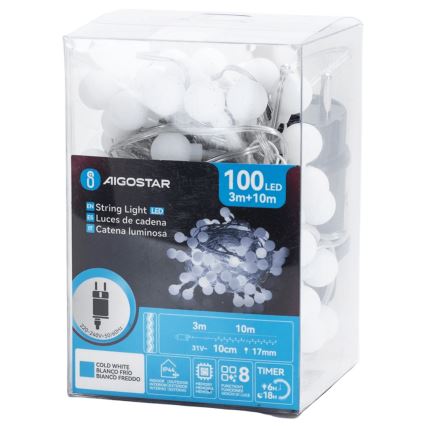 Aigostar - Guirnalda LED decorativa para exterior, 100 LEDs / 8 funciones, 10 m, IP44, blanco frío