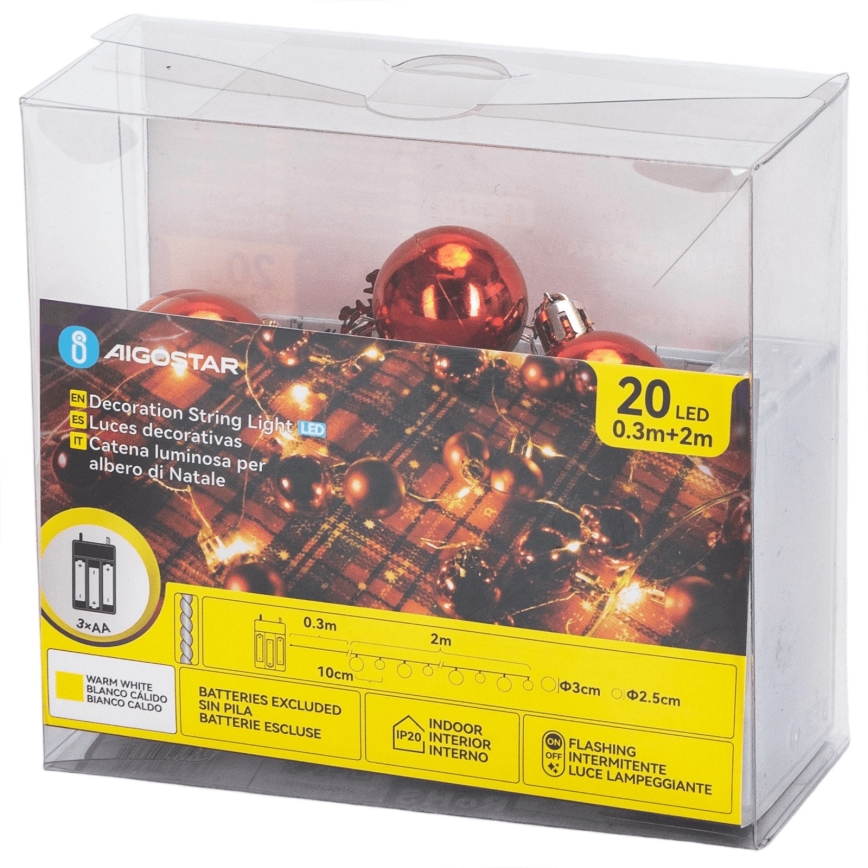 Aigostar - Guirnalda LED 20 LED/3 pilas AA 2 m blanco cálido