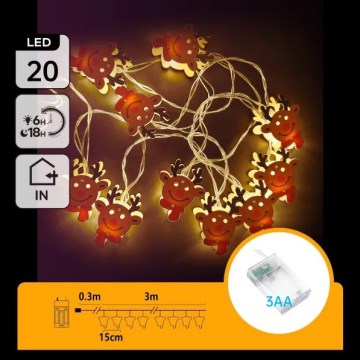 Aigostar - Guirnalda LED 20 LEDs, 3 m, alimentada por 3 pilas AA, luz blanca cálida, motivo reno