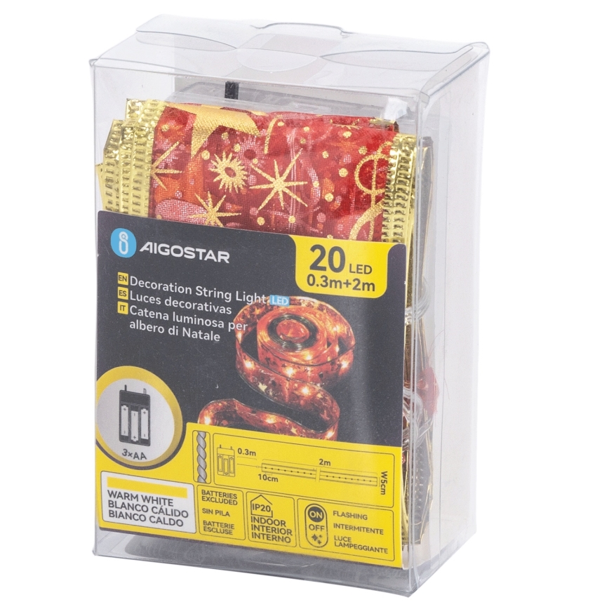 Aigostar - Guirnalda de luces LED, 20 LEDs, 3xAA, 2 m, blanco cálido/rojo