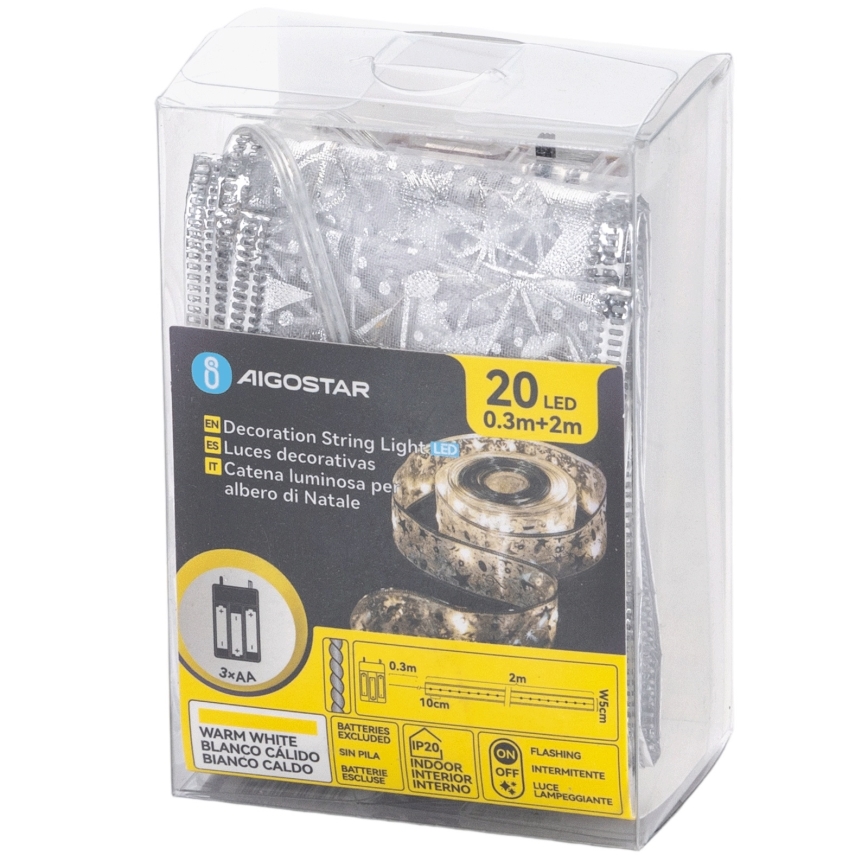 Aigostar - Cadena de luces LED navideña 20xLED/3xAA 2 m blanco cálido plateada