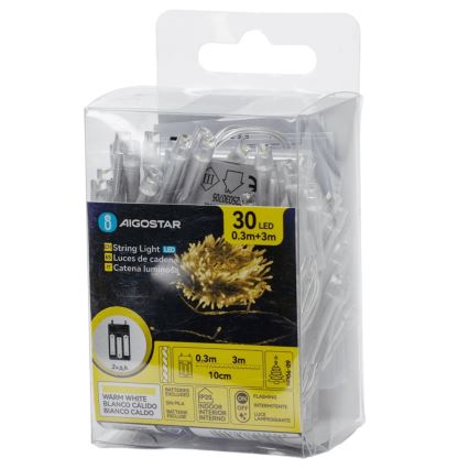 Aigostar - Guirnalda LED de Navidad 30xLED/3xAA 3,3m blanco cálido