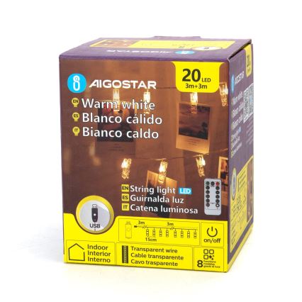 Aigostar - Guirnalda LED decorativa 20xLED/5W/USB 6 m blanco cálido