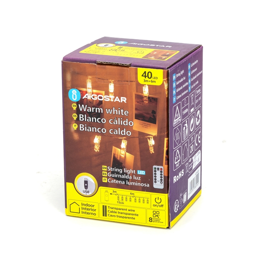 Aigostar - guirnalda LED decorativa 40xLED/5W/USB 9 m blanco cálido