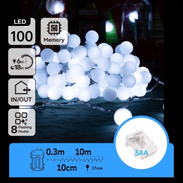 Aigostar - Guirnalda LED exterior 100 LEDs / 3xAA / 8 funciones, 10,3 m, IP44, blanco frío