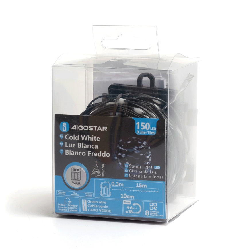 Aigostar - Guirnalda LED exterior navideña 150xLED/8 funciones/3xAA 15,3m IP44 blanco frío