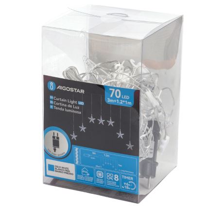 Aigostar - Guirnalda LED para exterior 70xLED 1,2x1m IP44 blanco frío con estrellas