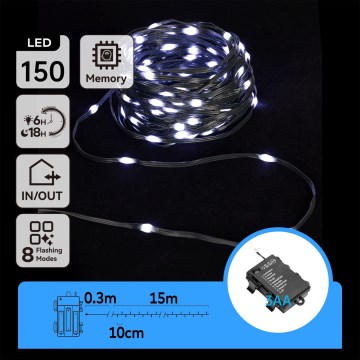 Aigostar - Guirnalda LED exterior navideña 150xLED/8 funciones/3xAA 15,3m IP44 blanco frío