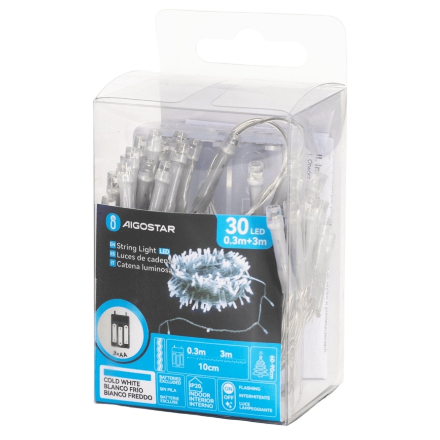 Aigostar - Guirnalda LED navideña 30xLED/3xAA 3,3m blanco frío
