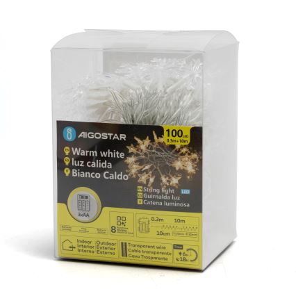 Aigostar - Guirnalda LED para exterior, 100 LED / 8 funciones, 3xAA, 10 m, IP44, blanco cálido, con motivos de estrellas